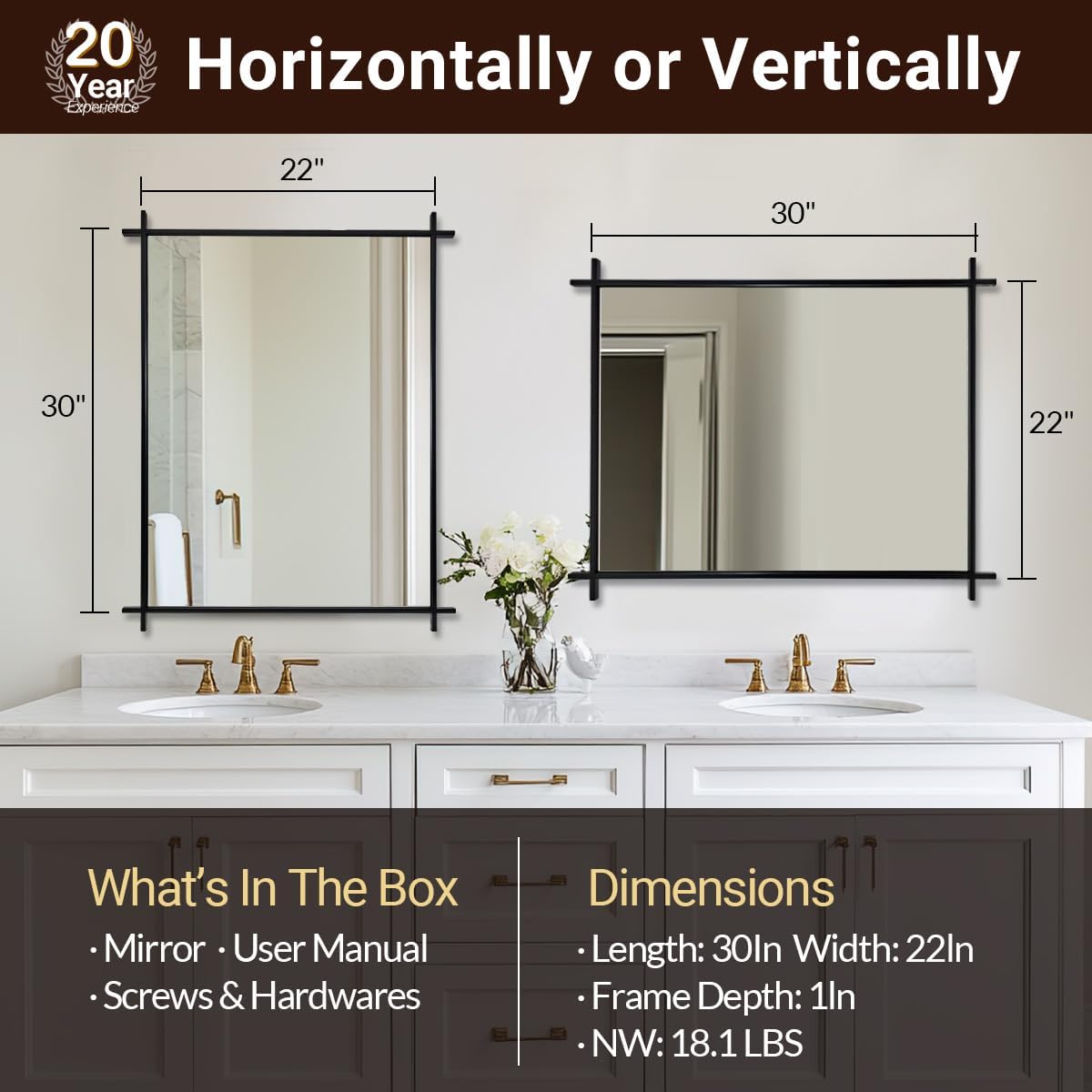 ANDY STAR Black Bathroom Vanity Mirror, 22x30 Inch Vintage Cross Corner Mirrors for Bathroom in 1’’ Stainless Steel Frame Minimalist for Home Decor Wall Mounted Horizontal/Vertical