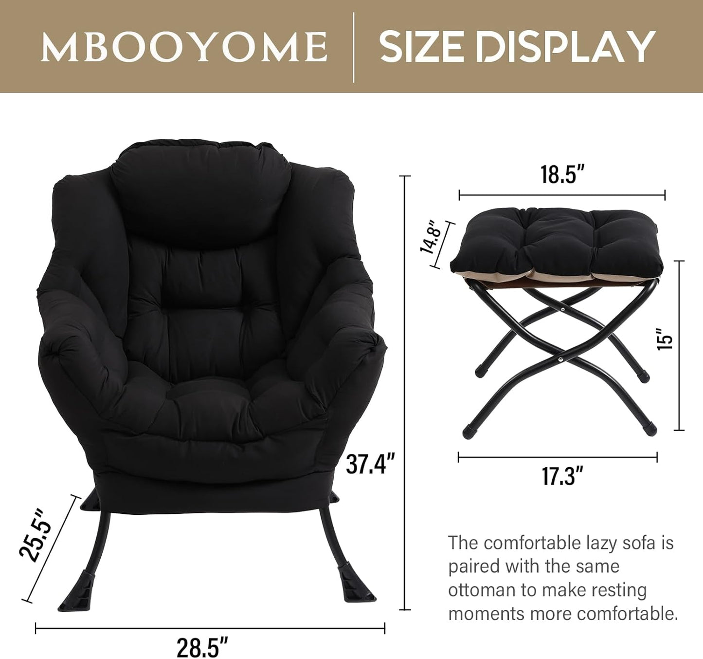 Lazy Chair with Folding Ottoman, Modern Accent Lounge Armchair with Armrests and a Side Pocket & Foldable Footstool, Leisure Reading Chair for Living Room, Bedroom, Dorm & Office, Black