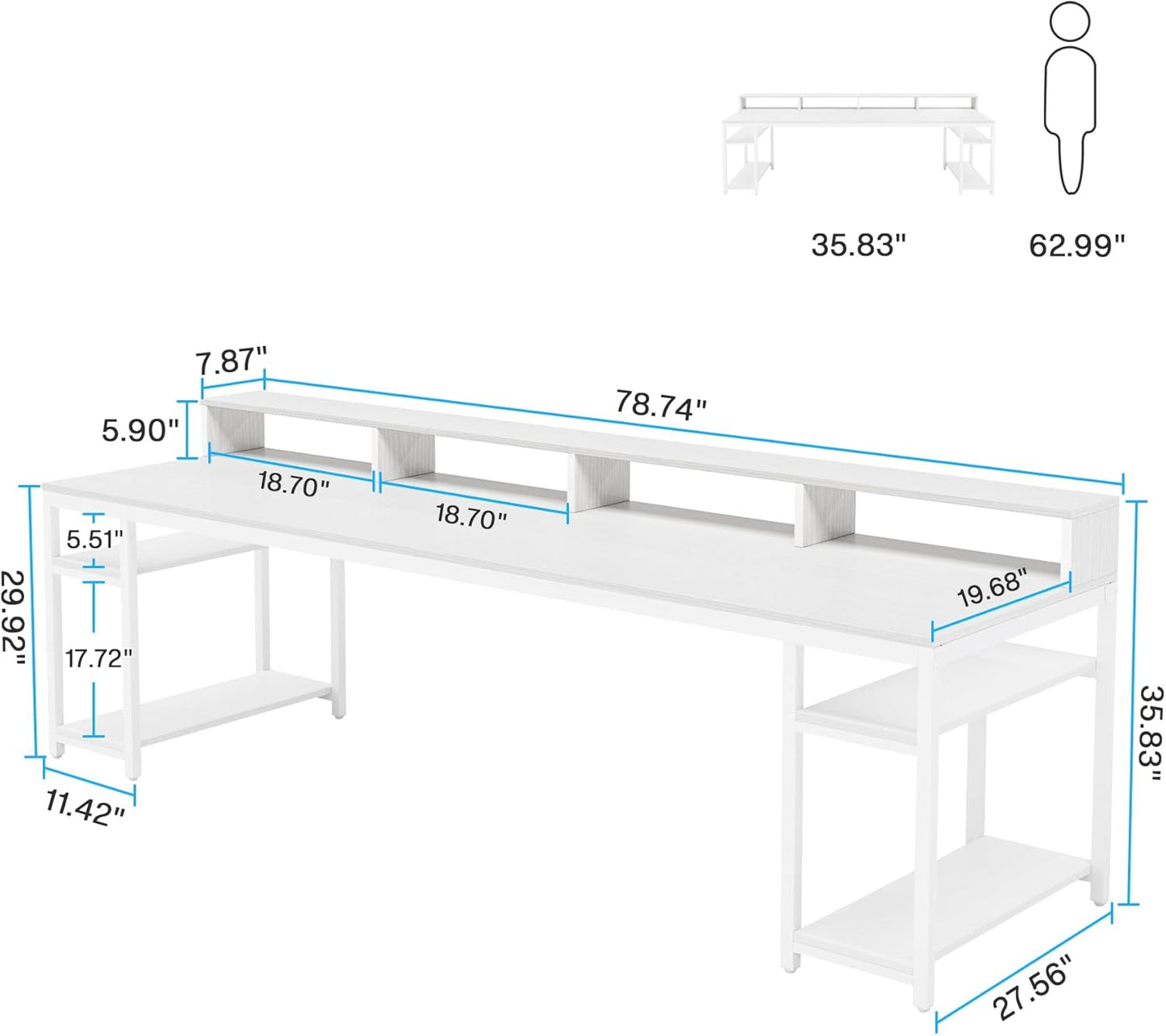 Tribesigns Two Person Desk with Monitor Stand, 78.74" Long Double Computer Office Desk with Storage Shelves, Large Gaming Desk Study Writing Table Workstation for Home Office (White)