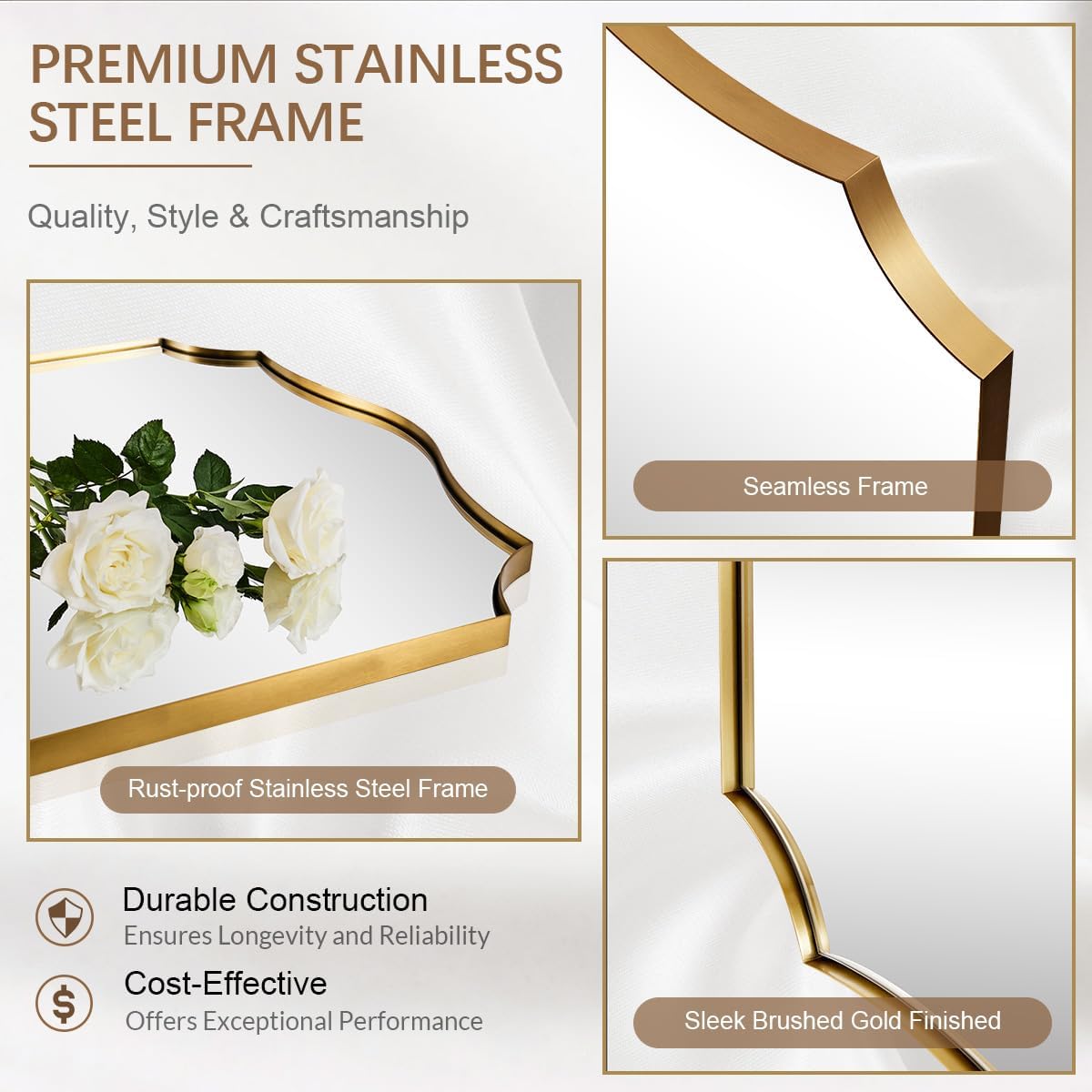 ANDY STAR Bathroom Mirror, 28x36 Inch Brushed Gold Vanity Mirror, Stainless Steel Metal Frame with Sophisticated Curved Design, Anti-Rust, Ideal for Bathroom, Living Room, Bedroom