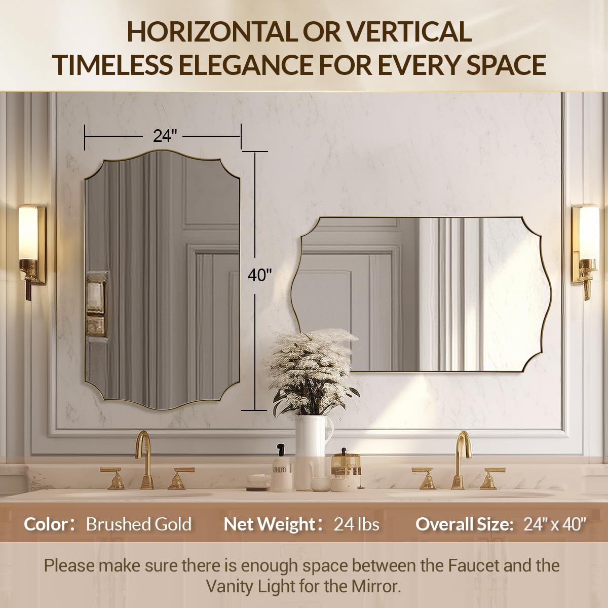 Gold Bathroom Mirror, 24"x40" Gold Asymmetrical Mirror with Scalloped Edge Design, Curved Mirror in Anti-Rust SUS304, Thin Metal Framed, 1" Deep Wall Mounted Vertically/Horizontal