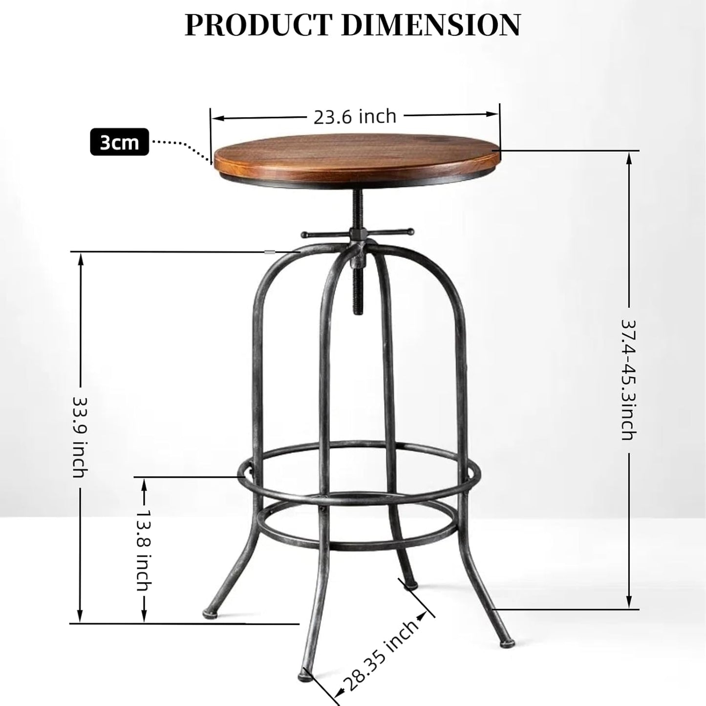 Rustic Bar Table Vintage Bistro Table Industrial Pub Table for Kitchen Coffee House Office Computer Desk Swivel Round Wooden Top 37.4-45.3inch Height Adjustable