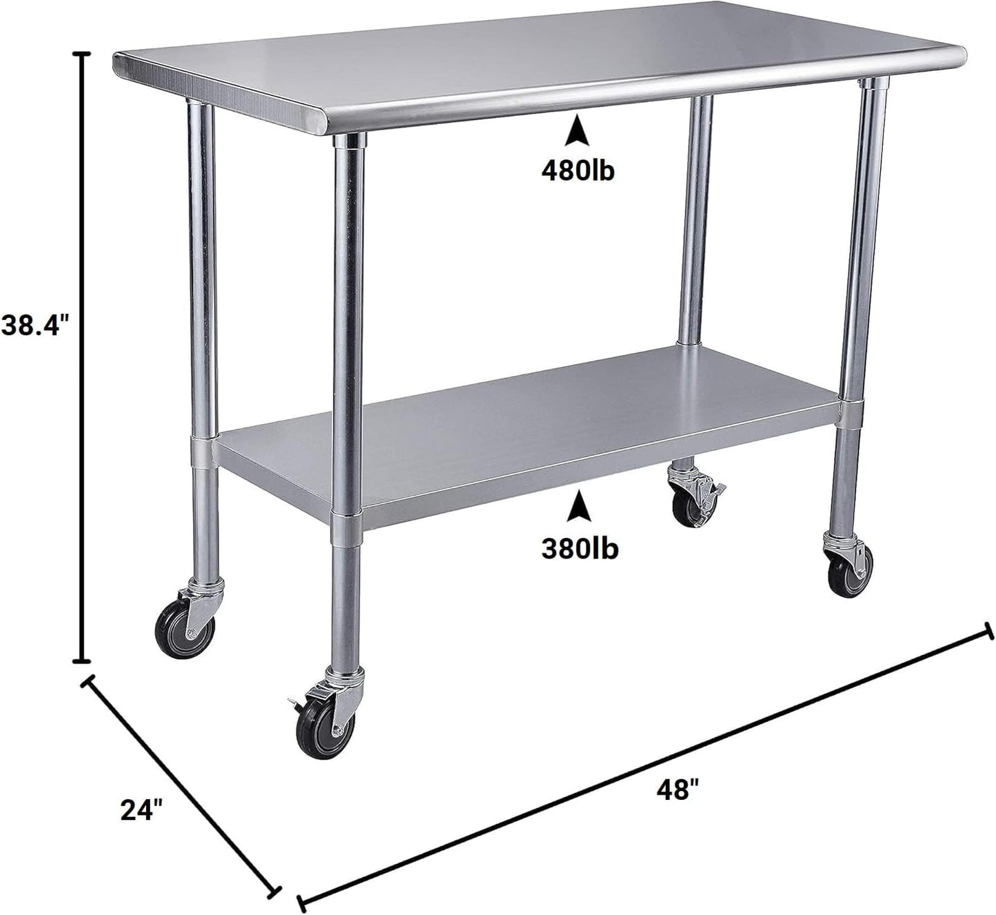 ROCKPOINT Stainless Steel Table for Prep & Work with Caster Wheels 24x48 Inches, NSF Metal Commercial Kitchen Heavy Duty Table with Adjustable Under Shelf and Table Foot for Restaurant, Home and Hotel