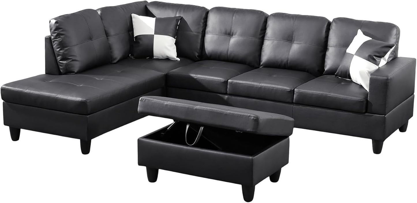 L Shaped Couch Faux Leather Sectional Couch Upholstered 3 Pieces Sofas for Living Room with Chaise, Storage Ottoman for Office and Small Apartment, Black