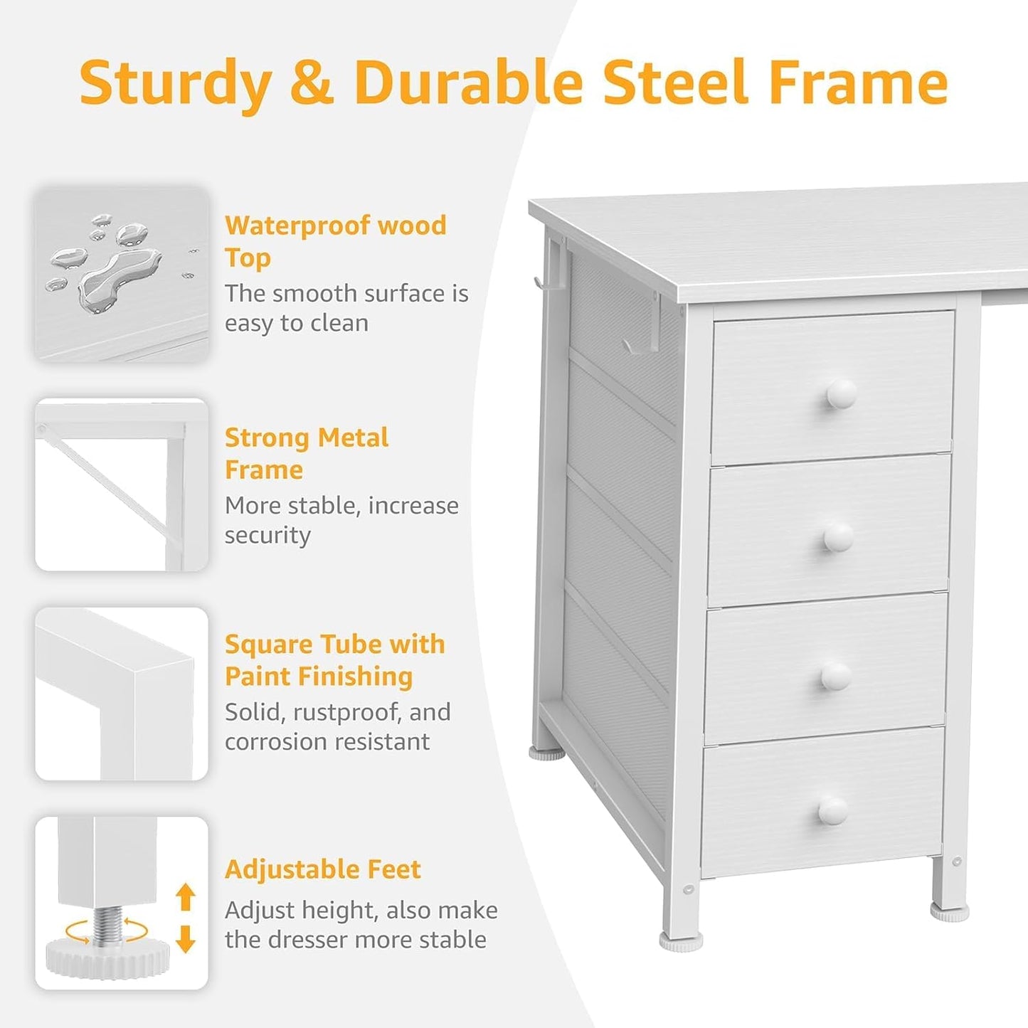 White Vanity Desk No Mirror - 47 Inch White Office Computer Desk with 8 Fabric Drawers on Both Sides for Girls, Makeup Work Writing Study Desks, Vanity Table No Mirror for Bedroom