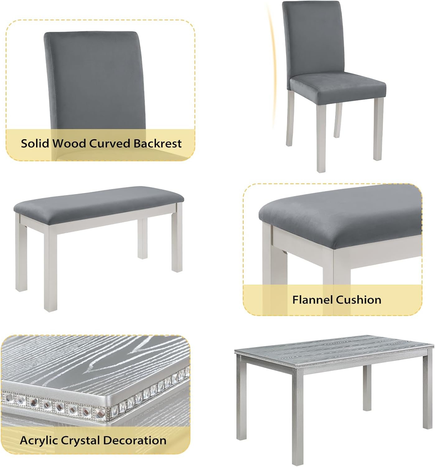 6-Piece Solid Wood Dining Table Set, Including 1 Dining Table, 4 Upholstered Chairs and 1 Bench, Wooden Dining Table Set with Crystal Decoration for Kitchen, Dining Room, Silver Grey