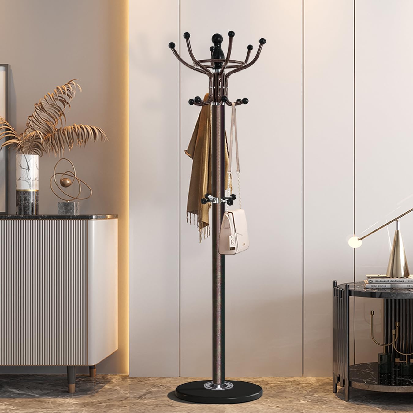 Kertnic Freestanding Coat Rack with 16 Hooks & Marble Base - Heavy Duty Metal Hall Tree Stand for Entryway, Hats, Coats, Bags Rack- Modern Hanger Organizer for Home, Office, Dorm (16 hooks -Bronze)