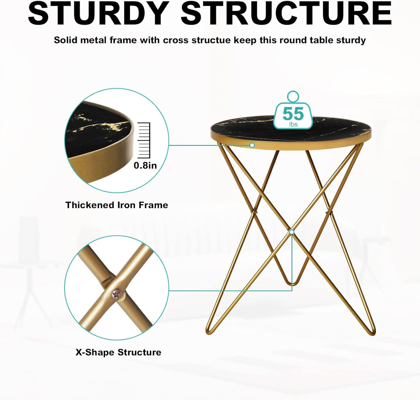 HLR Modern Round Side Table, End Table with Marble Effect Top and Gold Metal Frame, Small Side Table for Living Room, Bedroom, Sofa and Couch, Gold Legs, Black Marble top