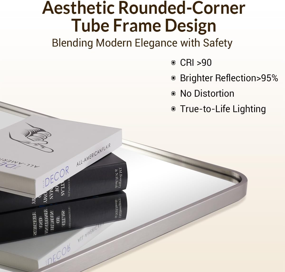 ANDY STAR 40x32 Inch Brushed Nickel Bathroom Mirror, Rounded Rectangle Bathroom Vanity Mirrors for Wall, Anti-Rust SUS304, Seamless Tube Metal Frame, 1’’ Deep Wall Mounted Vertically/Horizontal