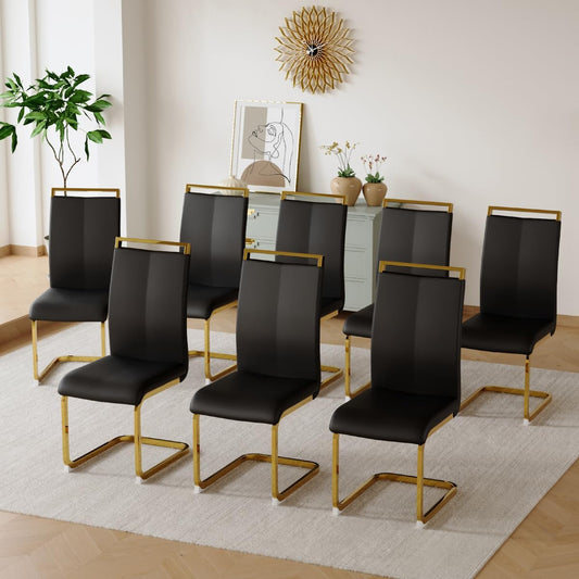Dining Chairs Set of 8, Faux Leather with Plated Chrome Metal Frame, Modern Kitchen Chairs with Padded Seat High Back for Dining Room, Kitchen, Living Room