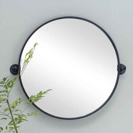 Round Pivot Bathroom Mirror Black Circle Metal Framed Tilting Vanity Mirrors for Wall