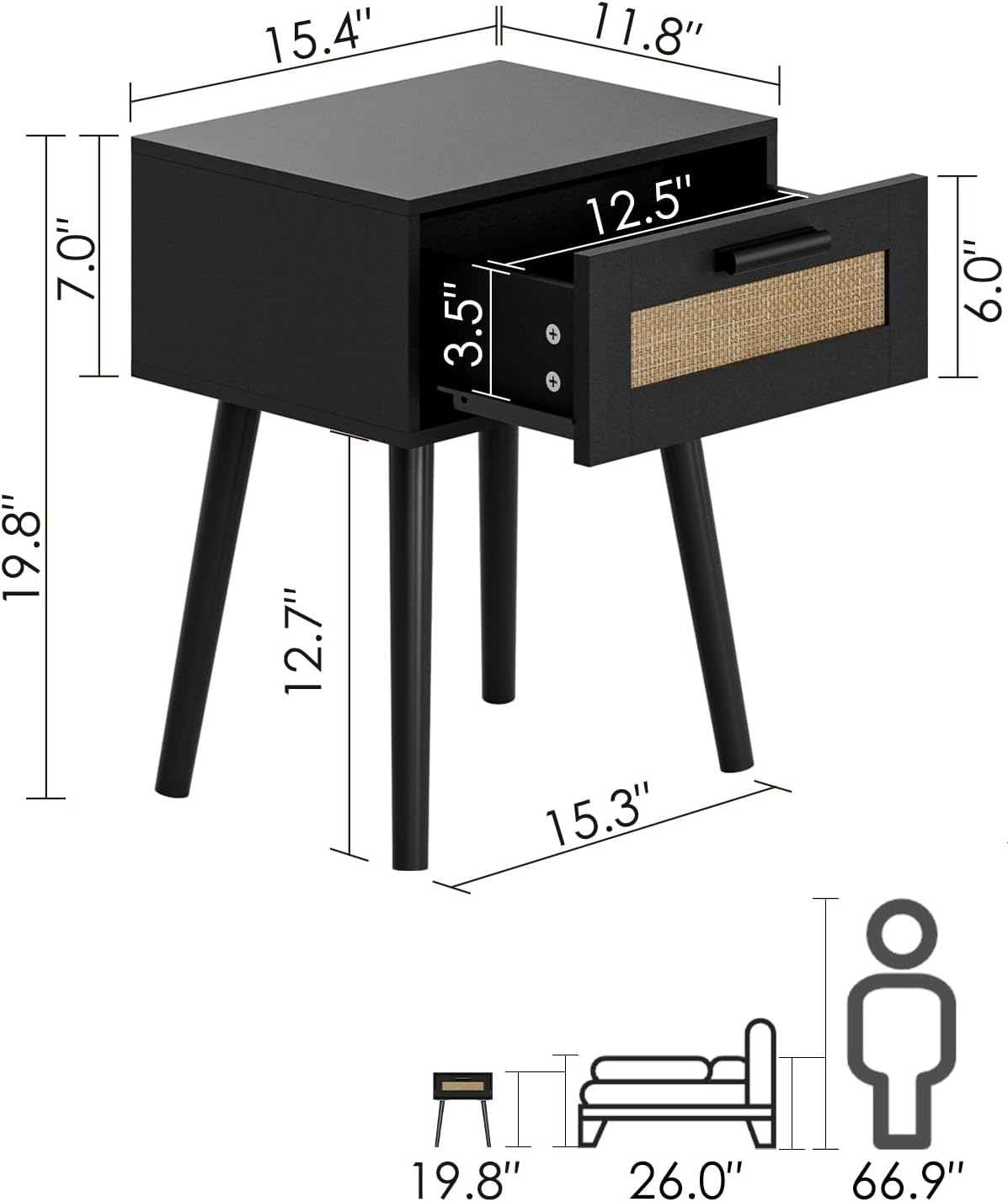 Bedroom Nightstands Wooden Night Stands with Rattan Weaving Drawer Home Bedside End Table for Bedroom Storage (Bohemian-Black)