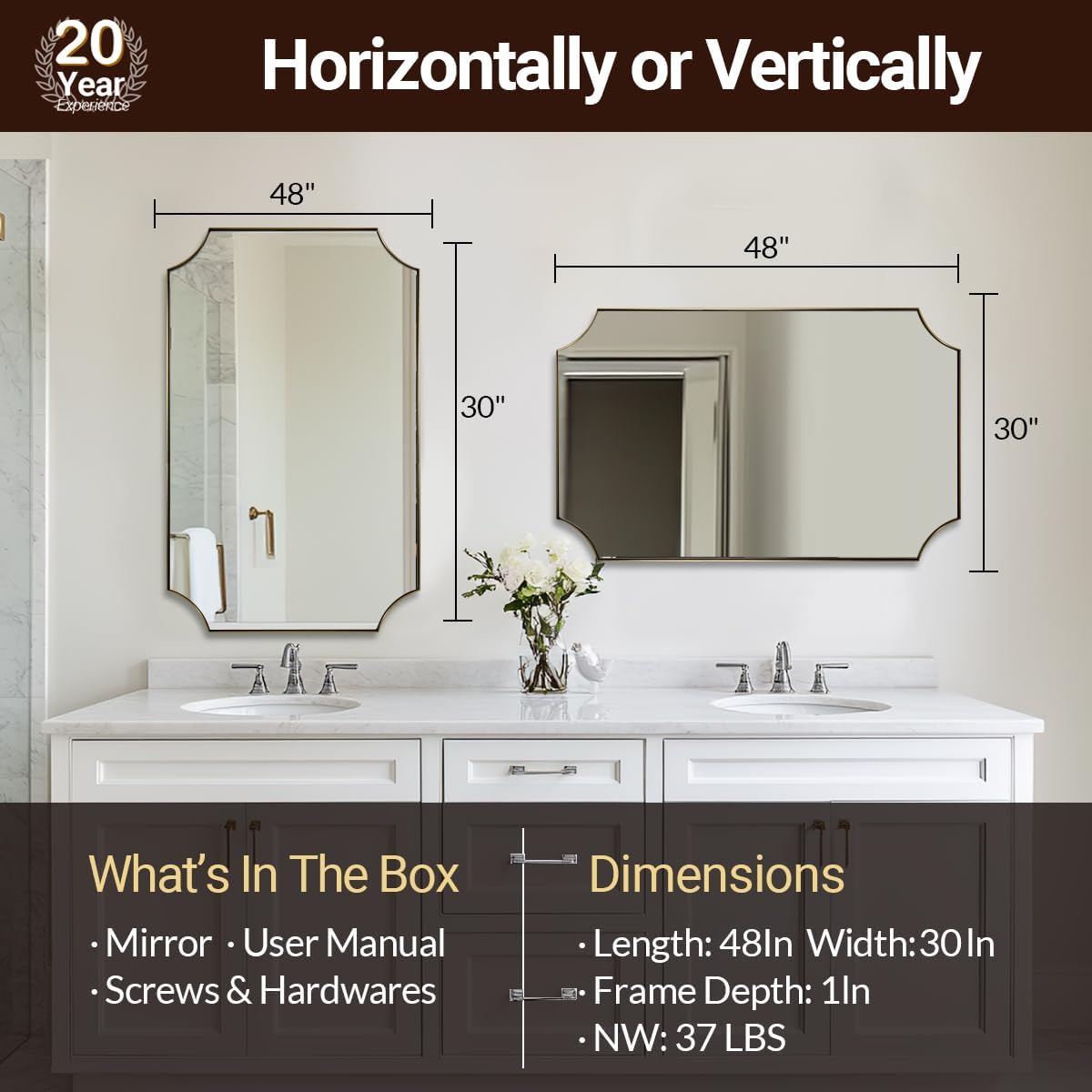 ANDY STAR 30x48 Inch Brushed Gold Mirror, Unique Rectangle Mirror for Bathroom, Large Scalloped Bathroom Mirror with Rust-Proof Stainless Steel 1" Frame, Hangs Vertically or Horizontally