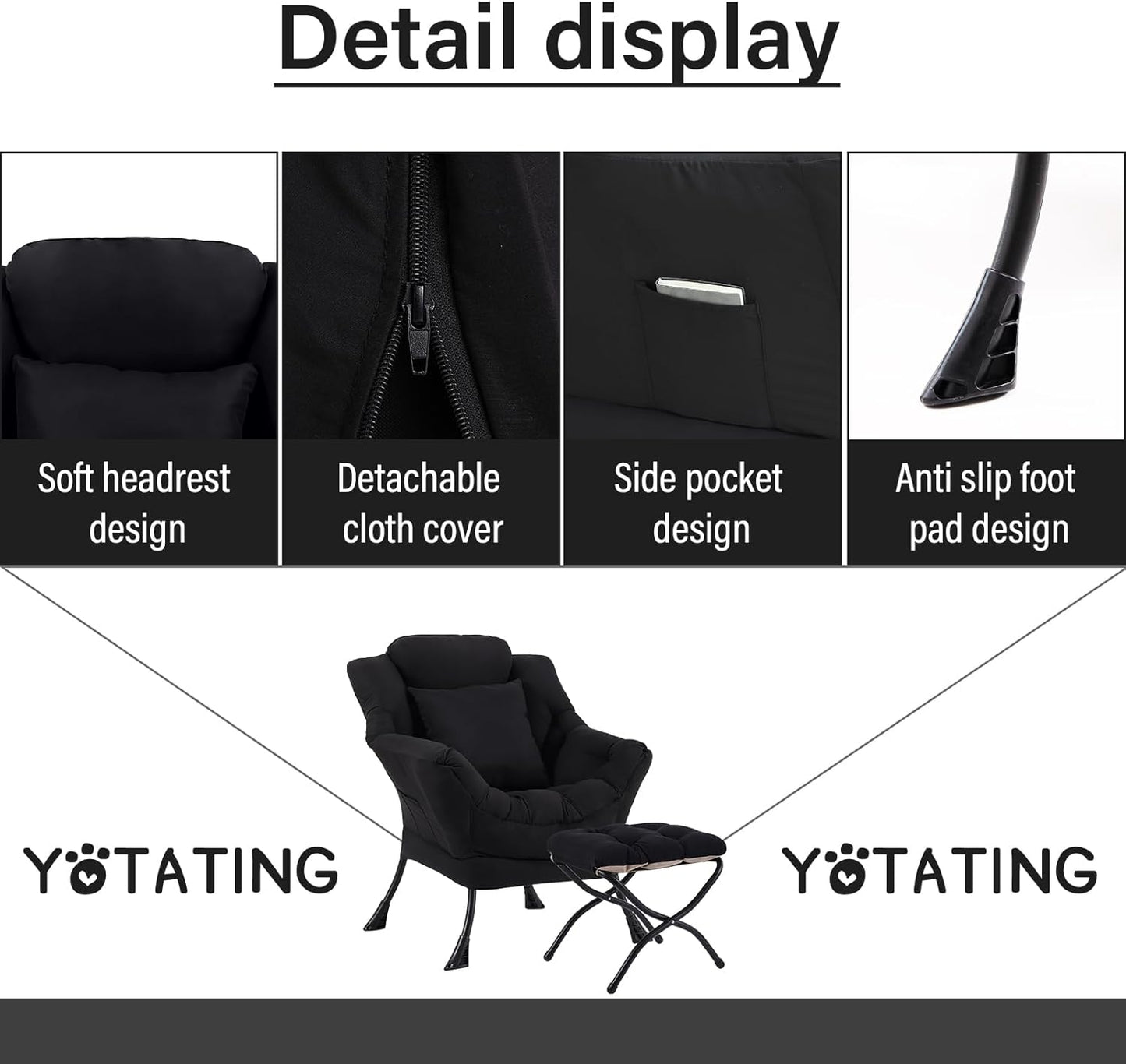 Lazy Chair with Ottoman, Comfy Reading Chair with Footstool & Pillow Modern Lounge Chair with Armrests & Side Pocket for Living Room, Bedroom, Dorm Room，Black