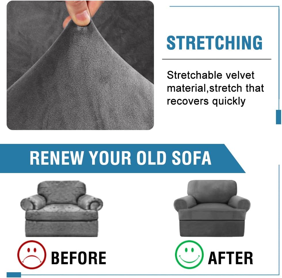 H.VERSAILTEX Sofa Cover 2 Piece T Cushion Armchair Slipcovers Thick Velvet Couch Cover Furniture Protector Stretch T Cushion Sofa Covers for 1 Cushion Couch with 1 Individual T Cushion Covers, Grey