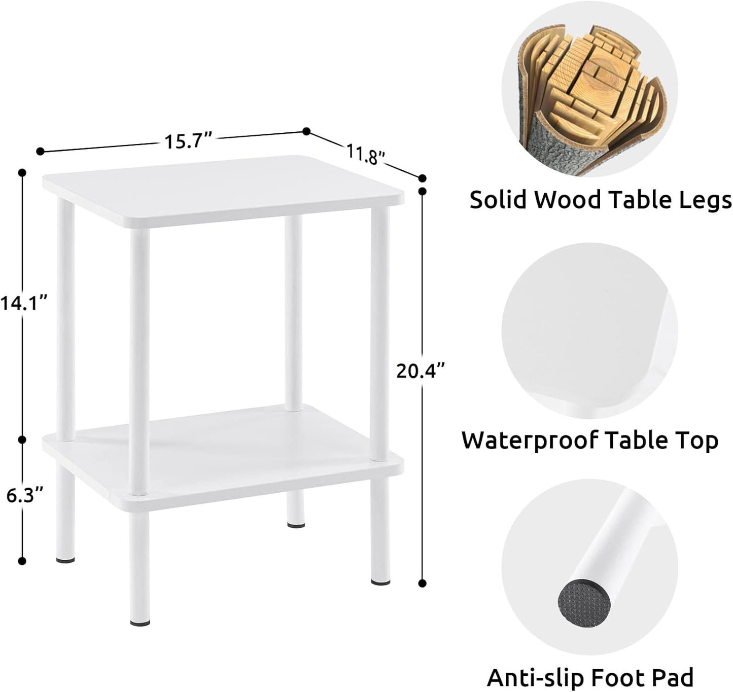 Apicizon 2 Tier End Table Set of 2, Small Side Table with Solid Wood Legs, Boho Bedside Table with Storage Shelf, Nightstand for Small Spaces, Bedroom, Living Room, Entryway, Easy Assembly, White