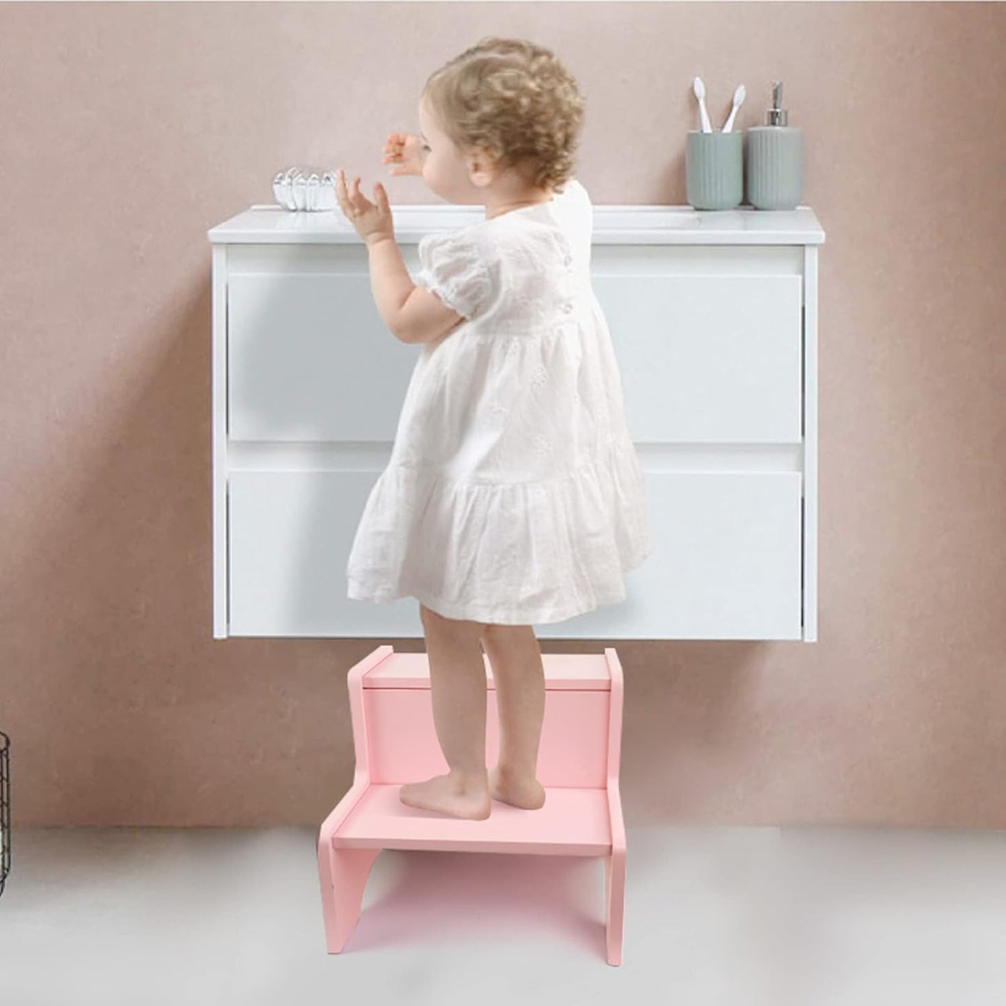 WOOD CITY Wooden Toddler Step Stool for Kids, Pink Two Step Children's Stool with Handles, Bonus Non-Slip Pads for Safety, Bathroom Potty Stool & Kitchen Step Stools Dual Height