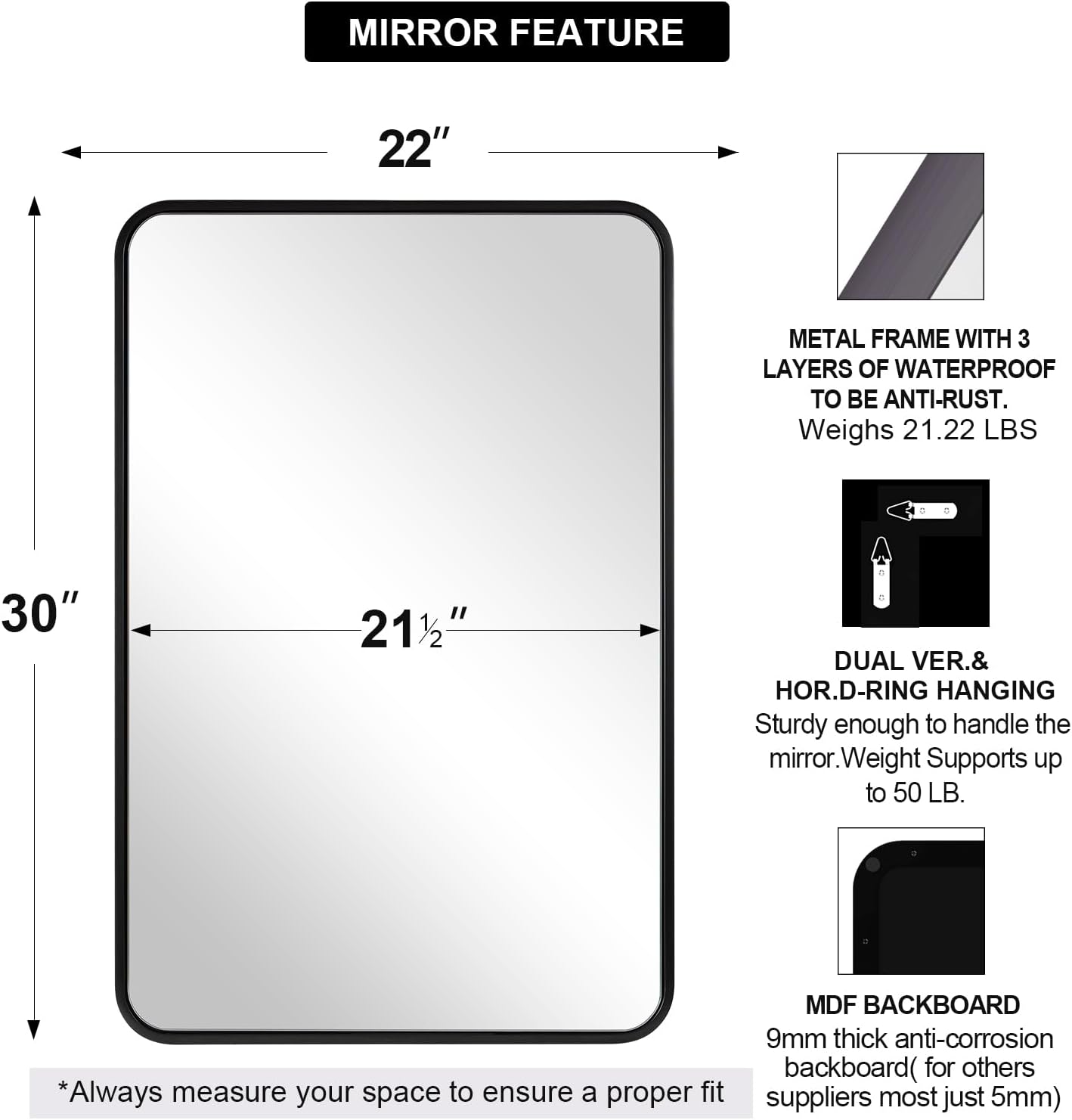 ANDY STAR Black Bathroom Mirrors for Wall, 22X30 Inch Rounded Rectangle Mirror, Matte Black Bathroom Vanity Mirror, Tube Metal Framed Wall-Mounted Mirror Horizontally or Vertically