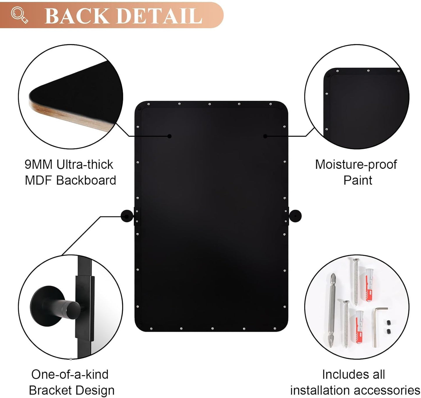 MOON MIRROR Matte Black Rounded Rectangle Pivot Mirror for Bathroom, Vanity, Overall 26.33x30 in (Without Bracket 22x30 in), Hangs Vertical Only