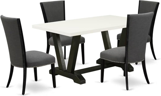 East West Furniture V626VE650-5 5 Piece Dining Set Includes a Rectangle Dining Room Table with V-Legs and 4 Dark Gotham Linen Fabric Parson Chairs, 36x60 Inch, Multi-Color