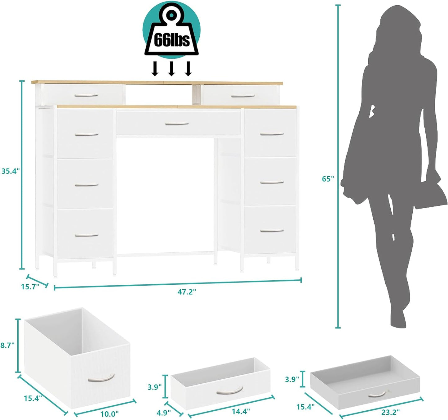 Dresser for Bedroom with 9 Drawers & 2 Open Shelves, Fabric Storage Dresser, Chest of Drawers, Long Dresser for Closet, Wooden Top & Metal Frame, Classic White