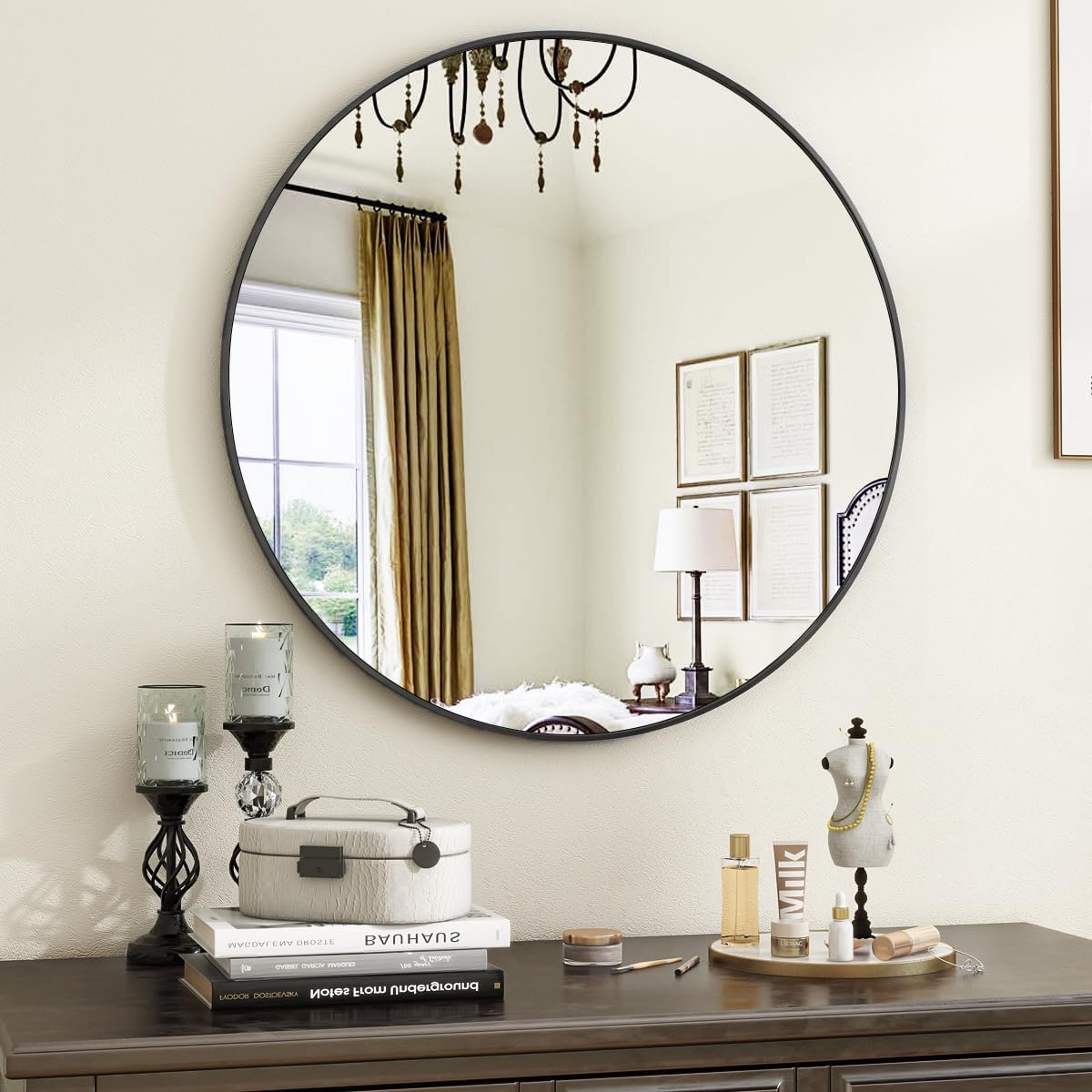 Black Round Bathroom Mirror, 20 inch Circle Wall Mounted Hanging Mirror with Simple Modern Circular Metal Frame for Hallway, Entryway, Living Room, Black Frame