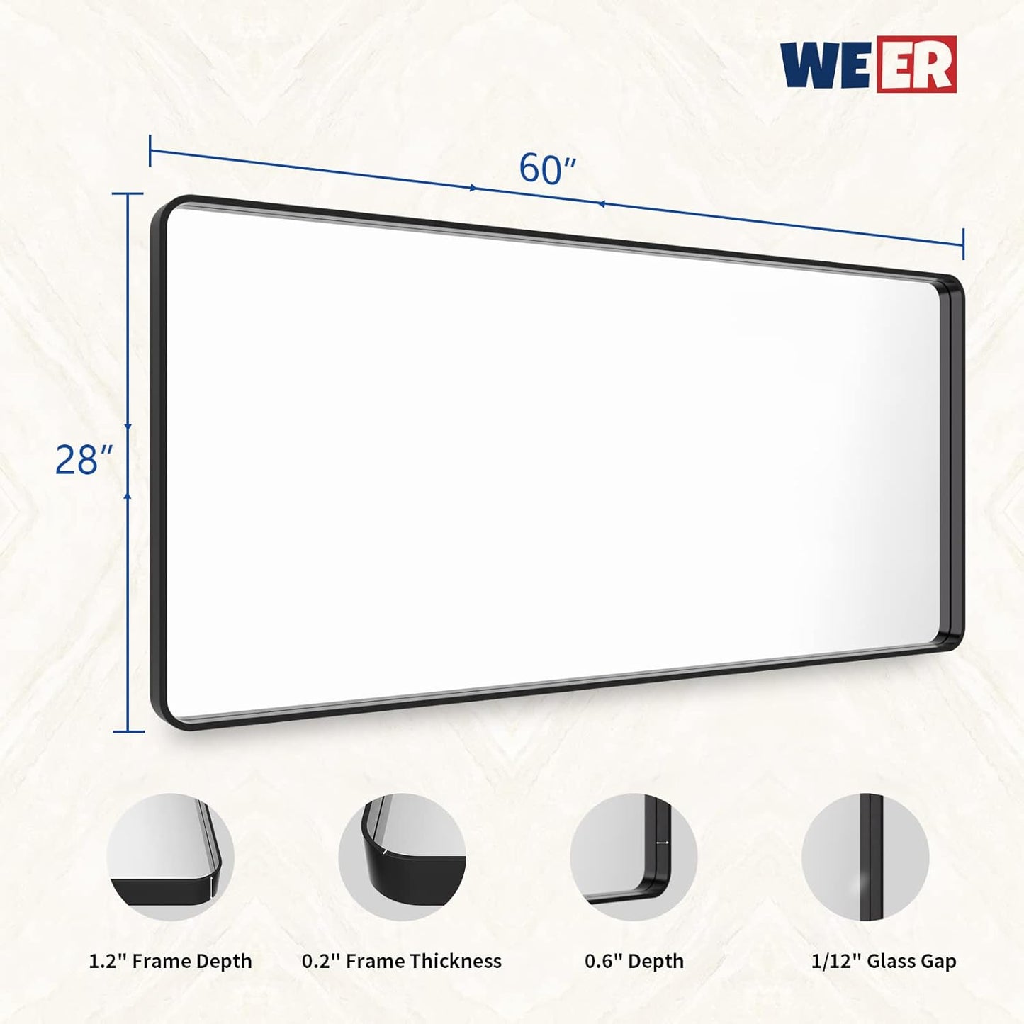 WEER Black Metal Framed Mirror, 60X28 Inch Rectangular Matte Black Wall Mirror for Bathroom, Rounded Corner Black Bathroom Vanity Mirror, Tempered Glass, Anti-Rust, Hangs Horizontal or Vertical