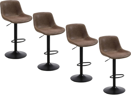 Bar Stools, Swivel Counter Height Barstools with Back, Adjustable Modern Bar Chairs, Tall Armless PU Leather Kitchen Island Stool (Brown, Set of 4)