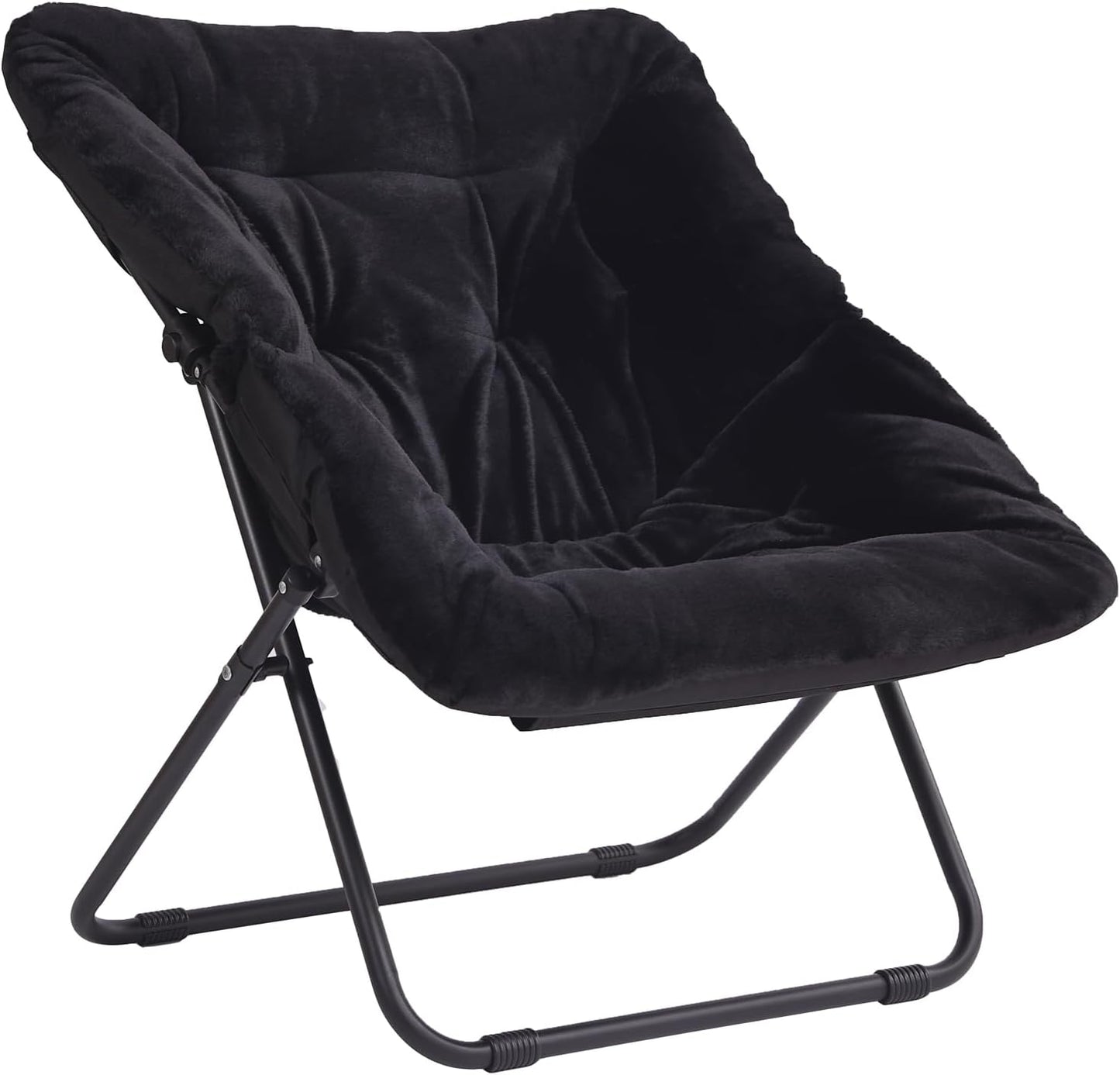 Saucer Chair, Comfy Bedroom Chairs, Oversized Folding Faux Fur Chair, Foldable Metal Frame Chair for Bedroom, Patio, Study, Playroom (Black)