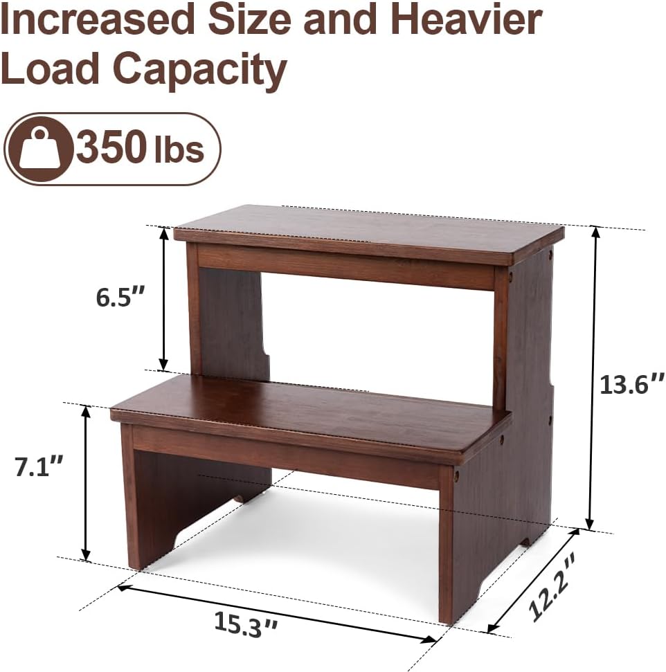StrongTek Bamboo Two Step Stool for Adults and Kids, Bed Stepstool with Anti-Slip Bottom, Heavy Duty for Kitchen, Bathroom, Bedside Step Stool, Wooden Step Stairs 350 lbs Capacity (Dark Chocolate)