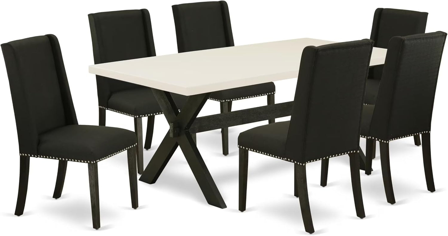 East West Furniture X627FL624-7 7 Piece Modern Dining Table Set Consist of a Rectangle Wooden Table with X-Legs and 6 Black Linen Fabric Upholstered Chairs, 40x72 Inch, Multi-Color