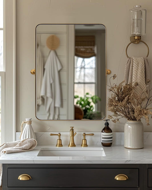 MOON MIRROR Brushed Gold Pivot Mirror,Brass Tilt Vanity Rectangle for Bathroom, Overall 26.33 x 30 in (Mirror 22x 30 in)