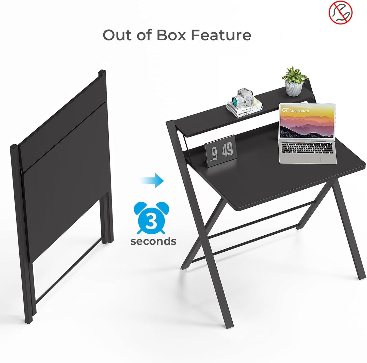 GreenForest No Assembly Folding Desk, 2-Tier Compact Computer Desk with Shelf, Space Saving Foldable Table for Home Office, Dorm or Apartment, Portable Collapsible Sturdy Laptop Desk, Black