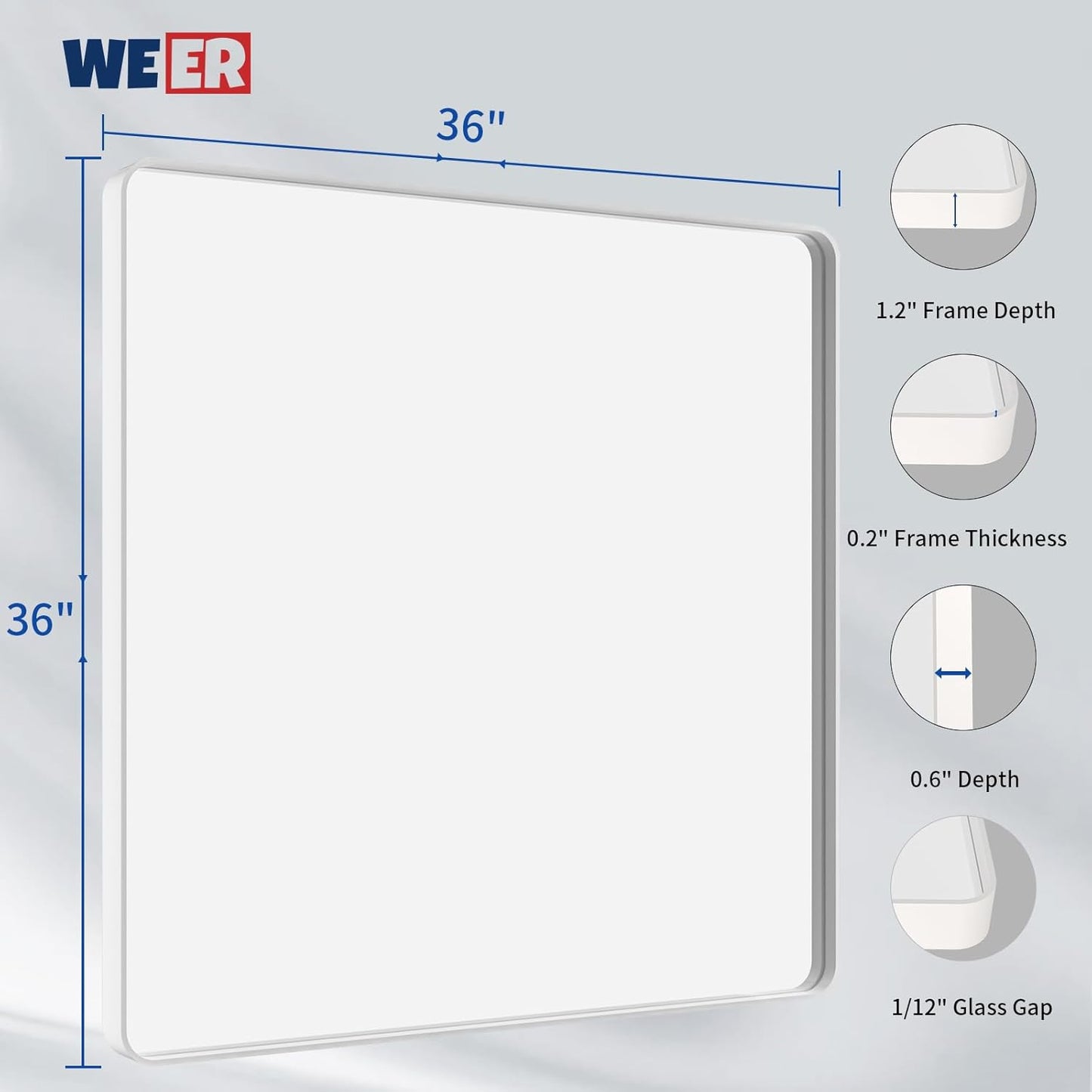 WEER White Bathroom Mirror 36X36 Inch, Rounded Rectangle White Metal Frame Mirror, Matte White Bathroom Vanity Mirror with Tempered Glass, Anti-Rust, Hangs Horizontally or Vertically