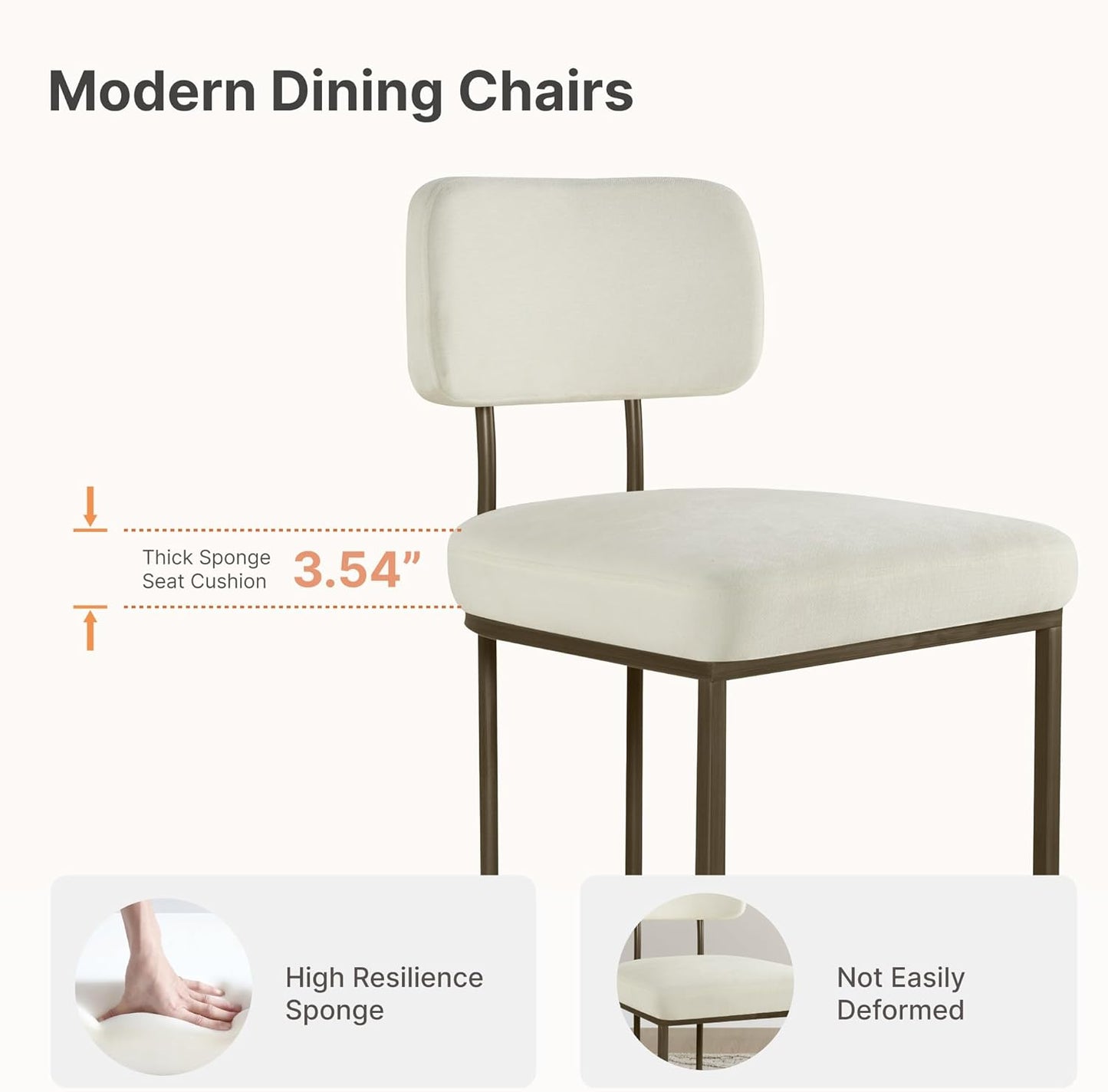 Dining Chairs Set of 6, Upholstered Modern Kitchen Chairs with Ergonomic Backrest, Fabric Cushion Seat & Metal Legs for Living Room, Restaurant, and Café, Ivory, 2Boxs