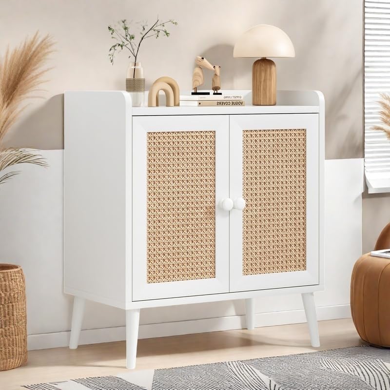 Buffet Cabinet, Rattan Storage Cabinet with Round Pull Rings, Sideboard with Ample Storage, Bar Liquor Shelf with 2 Doors for Living Room, Hallway, White