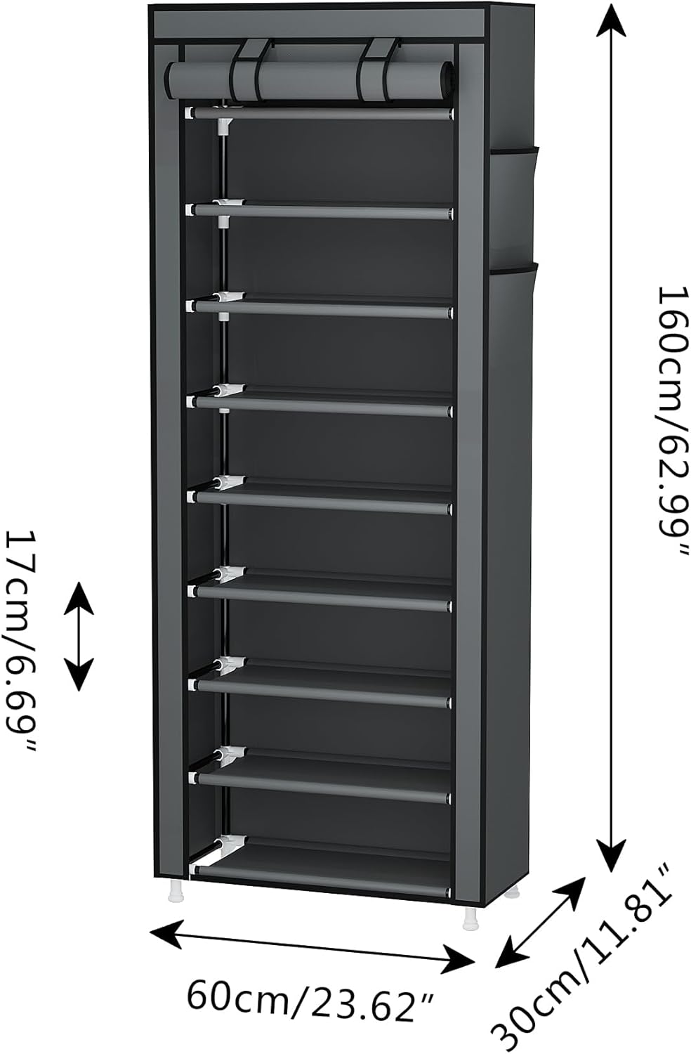 Calmootey 9 Tier Shoe Rack Organizer,Portable Shoe Shelf with Nonwoven Fabric Cover for Closet Hallway,Bedroom,Entryway,Grey