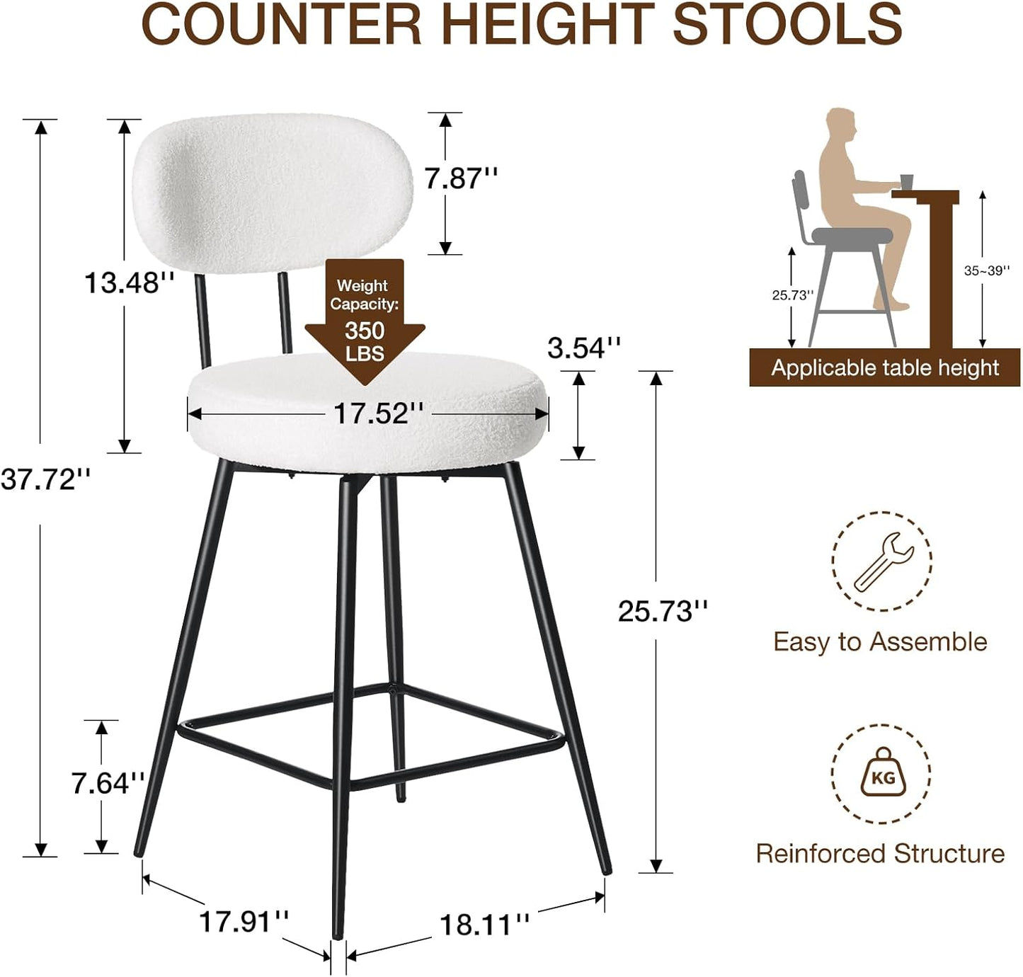 HOMMPA Swivel Bar Stools Set of 3 Counter Height Bar Stools Chiars 26'' Boucle Upholstered Modern Counter Barstools with Back Metal Legs Bar Chairs for Kitchen Counter Island White