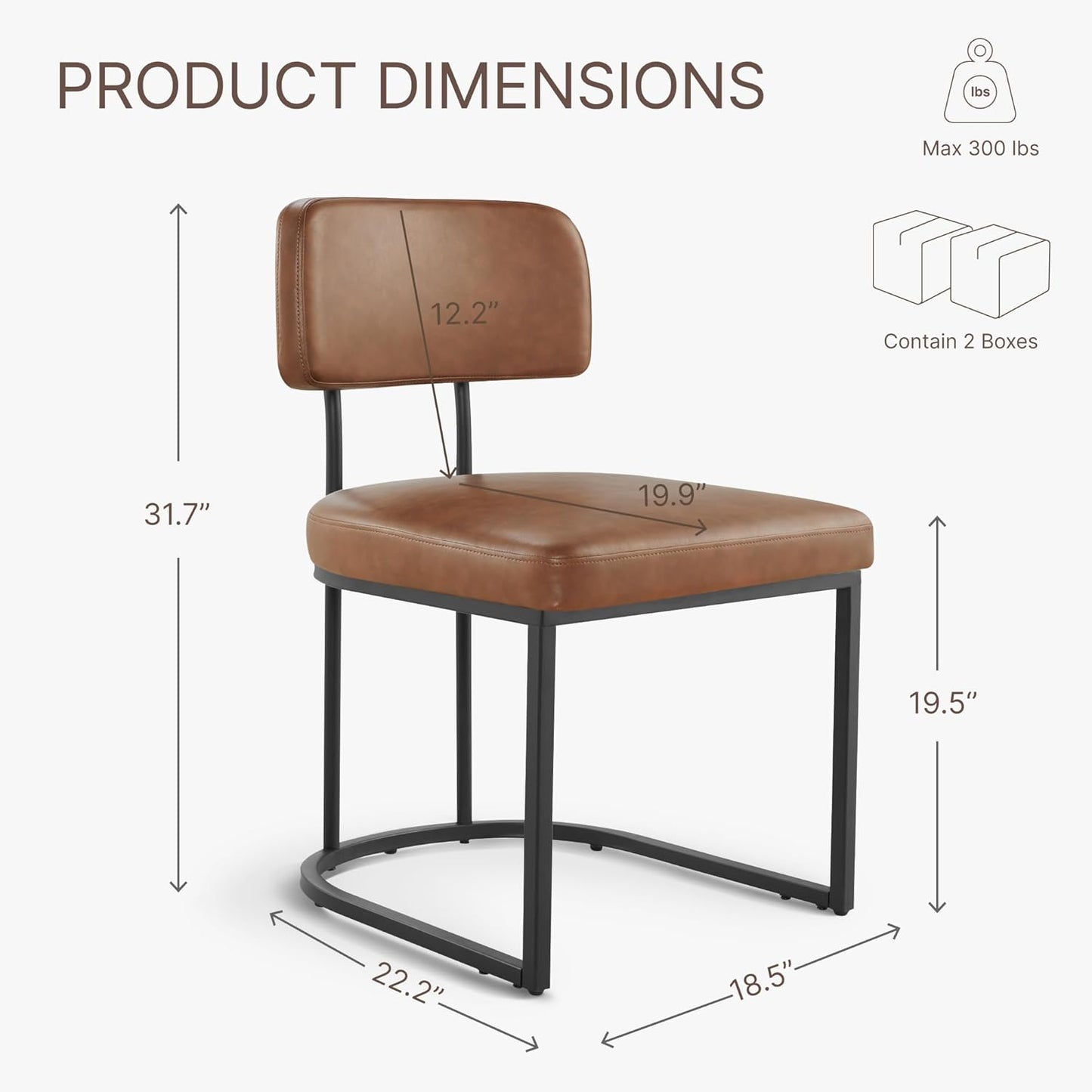 Dining Chairs Set of 6, Upholstered Modern Kitchen Chairs with Ergonomic Backrest, Faux Leather Cushion Seat & Metal Legs for Living Room, Restaurant, and Café, Brown, 2 Boxs