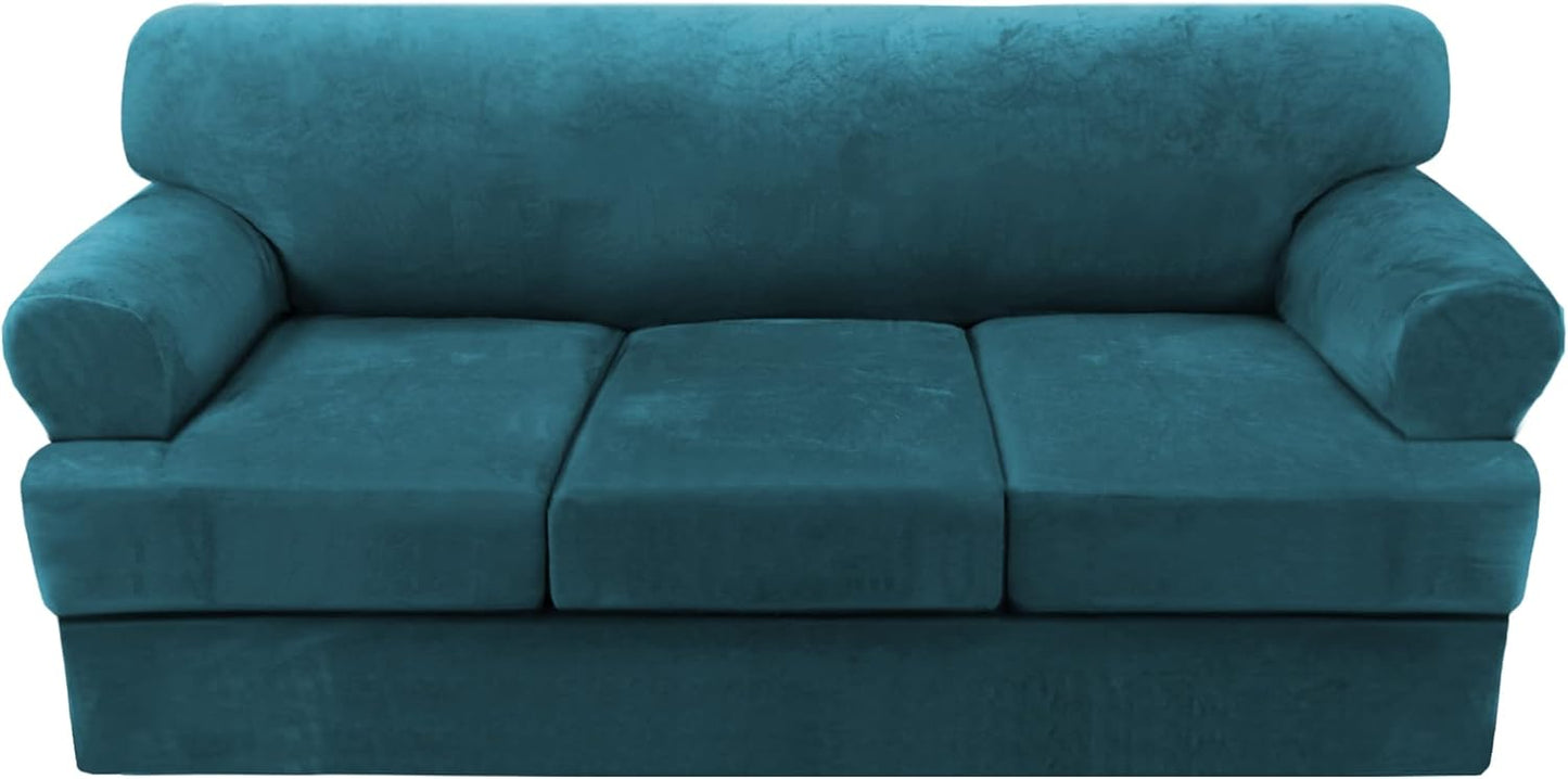 H.VERSAILTEX Sofa Slipcovers - 4 Piece Thick Velvet Couch Covers for 3 Cushion Couch with 3 Individual T Cushion Covers, Deep Teal