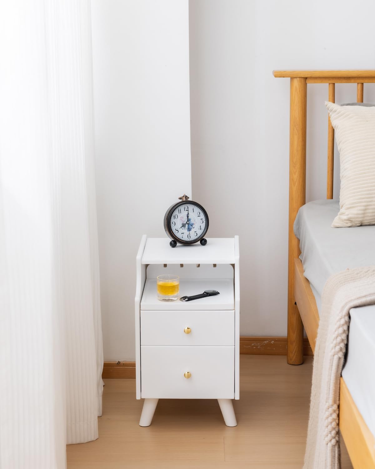 Small Nightstand, Narrow Nightstand, Solid Wood Night Stand, Narrow Side Table for Small Spaces, Couch, White Color 11.81 in Wide