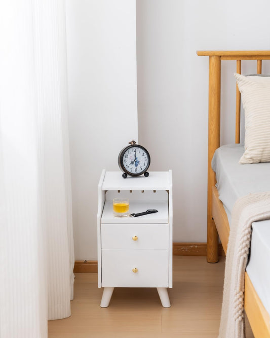 Small Nightstand, Narrow Nightstand, Solid Wood Night Stand, Narrow Side Table for Small Spaces, Couch, White Color 11.81 in Wide