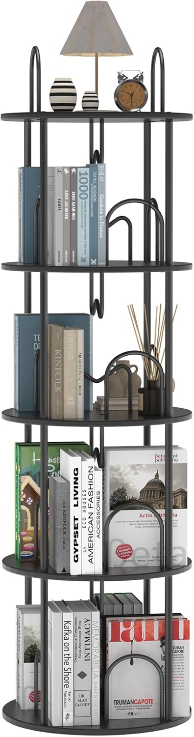 4 Tier Rotating Bookshelf, 360° Spinning Bookshelf Tower, Round Narrow Space Saving for Books and Display, Revolving Bookcase Corner Tall Book Shelf for Small Spaces, Bedroom, Living Room, Black