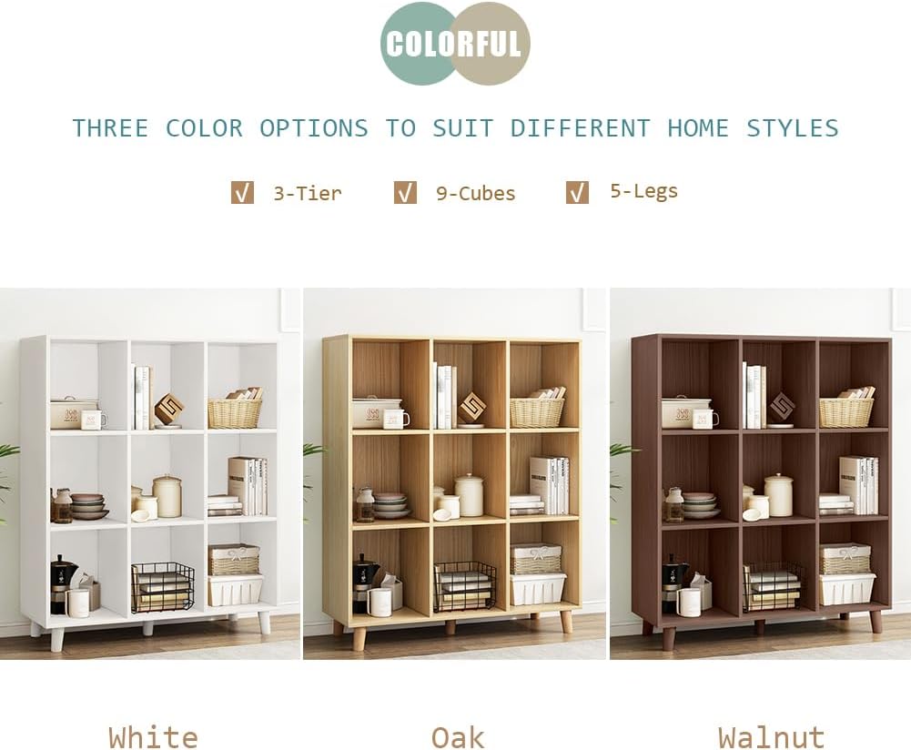 IOTXY Open Cube Low Bookcase - 3-Tier Freestanding Storage Display Cabinet Organizer with Legs for Home Office, 9-Cubes Open Shelf Short Bookshelf, White