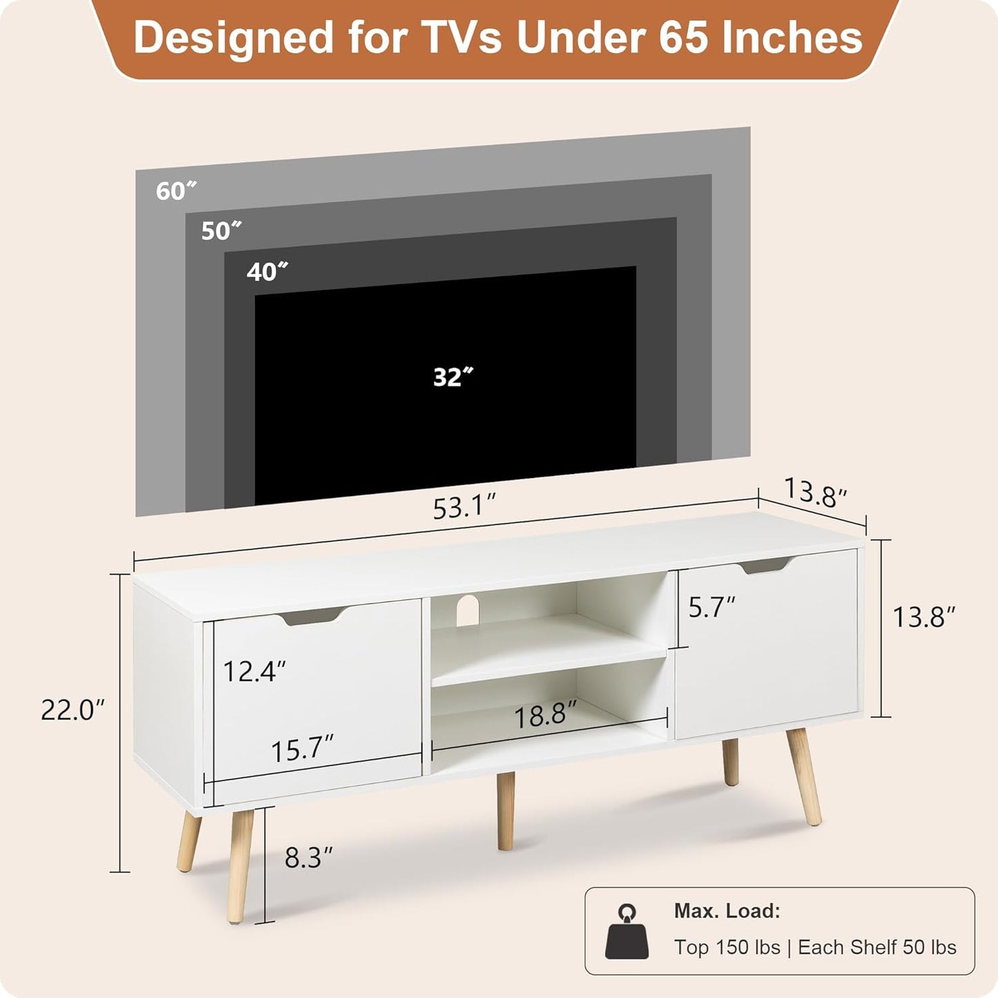 ALINE FURNITURE White TV Stand with Storage - Media Console Cabinet for 50 55 60 Inch TVs - Entertainment Center - Wood TV Stands for Living Room