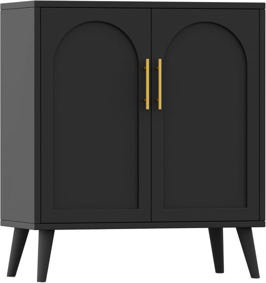 Rovaurx Rattan Storage Cabinet with Doors, Accent Bathroom Floor Cabinet, Modern Sideboard Buffet Cabinet for Living Room, Entryway, Dining Room and Kitchen, Black BMGZ108B