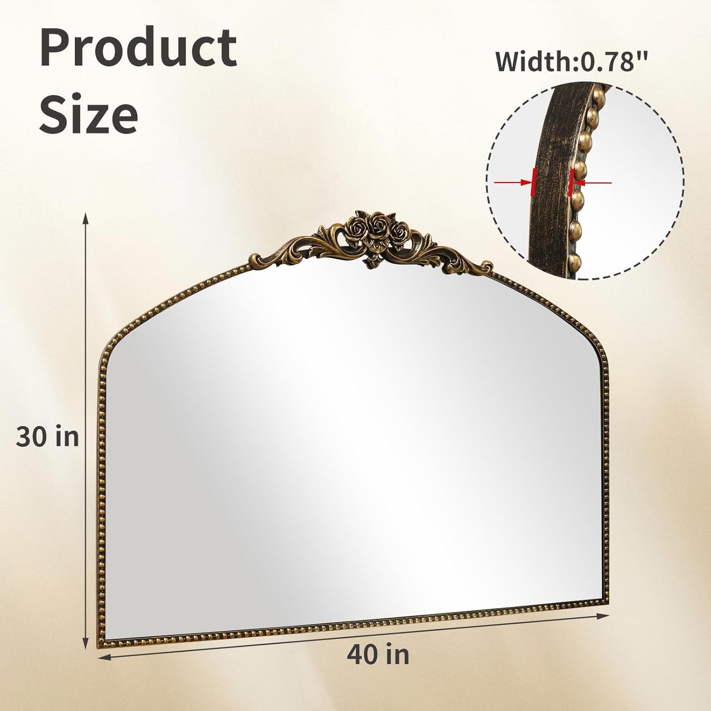 AIXI HOME Black Arched Mirror, 40" x 30" Traditional Vintage Antique Mantel Mirror with Ornate Metal Frame, Baroque Wall Mounted Mirror for Entryway/Fireplace/Hallway/Bathroom/Living Room/Bedroom