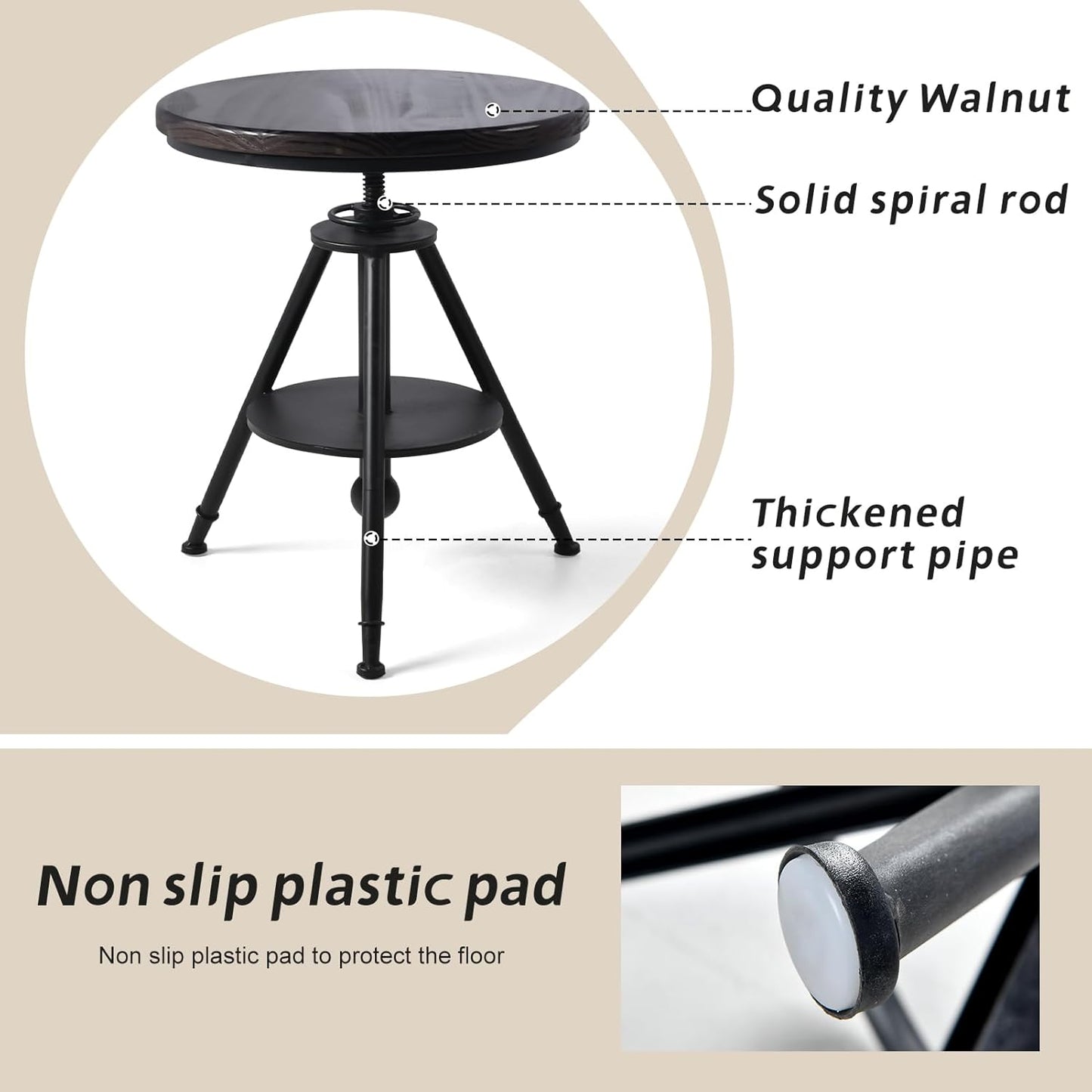 Industrial Vintage Cafe Farmhouse Dining Table - Rustic Round Wooden Top, Height Adjustable 21-29in