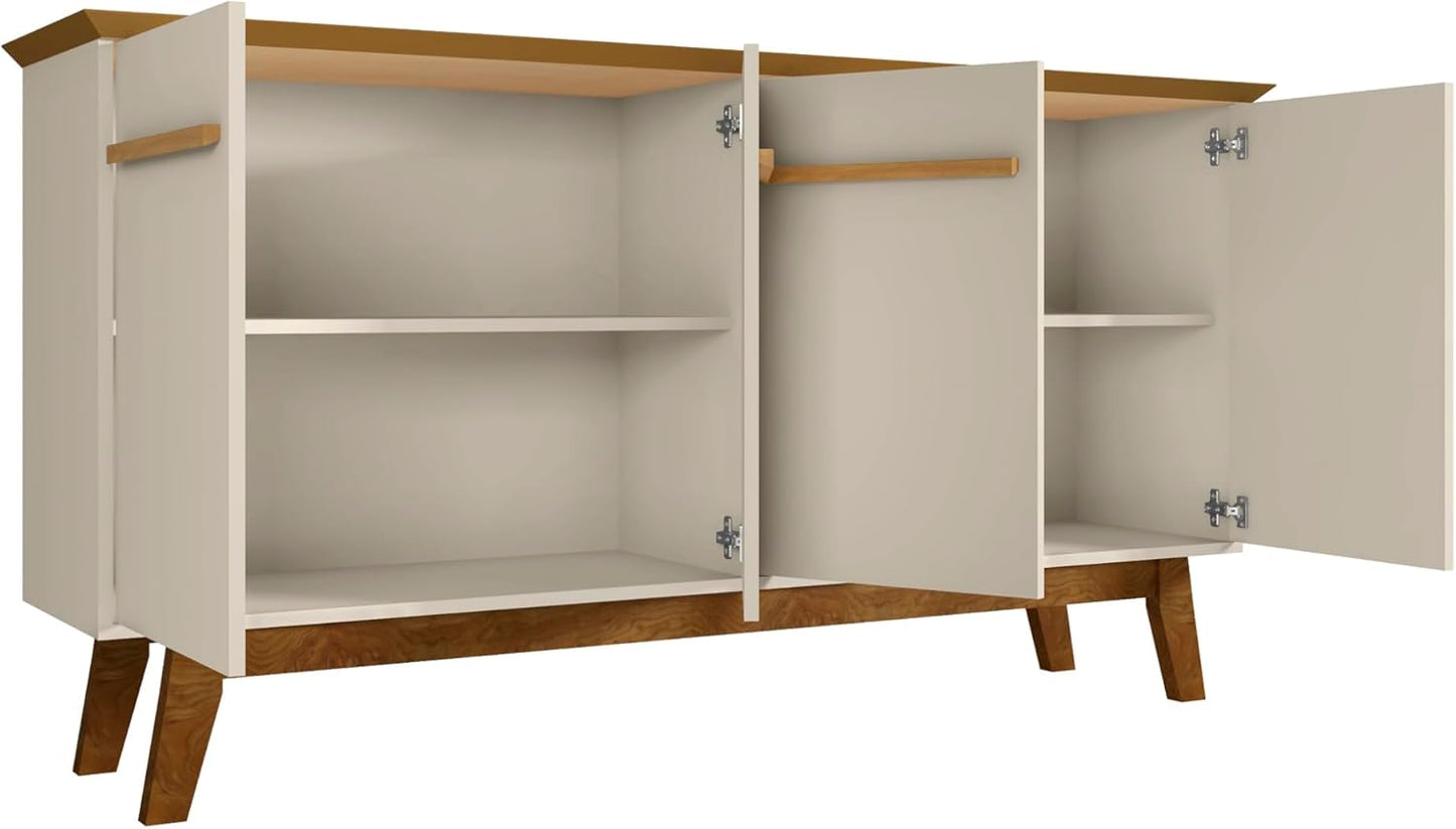 Manhattan Comfort Yonkers Mid Century Modern Sideboard Cabinet with Soft Close Doors, 4 Cubby Storage Spaces, Solid Wood Splayed Legs, Versatile Accent Buffet Stand, Off White/Cinnamon