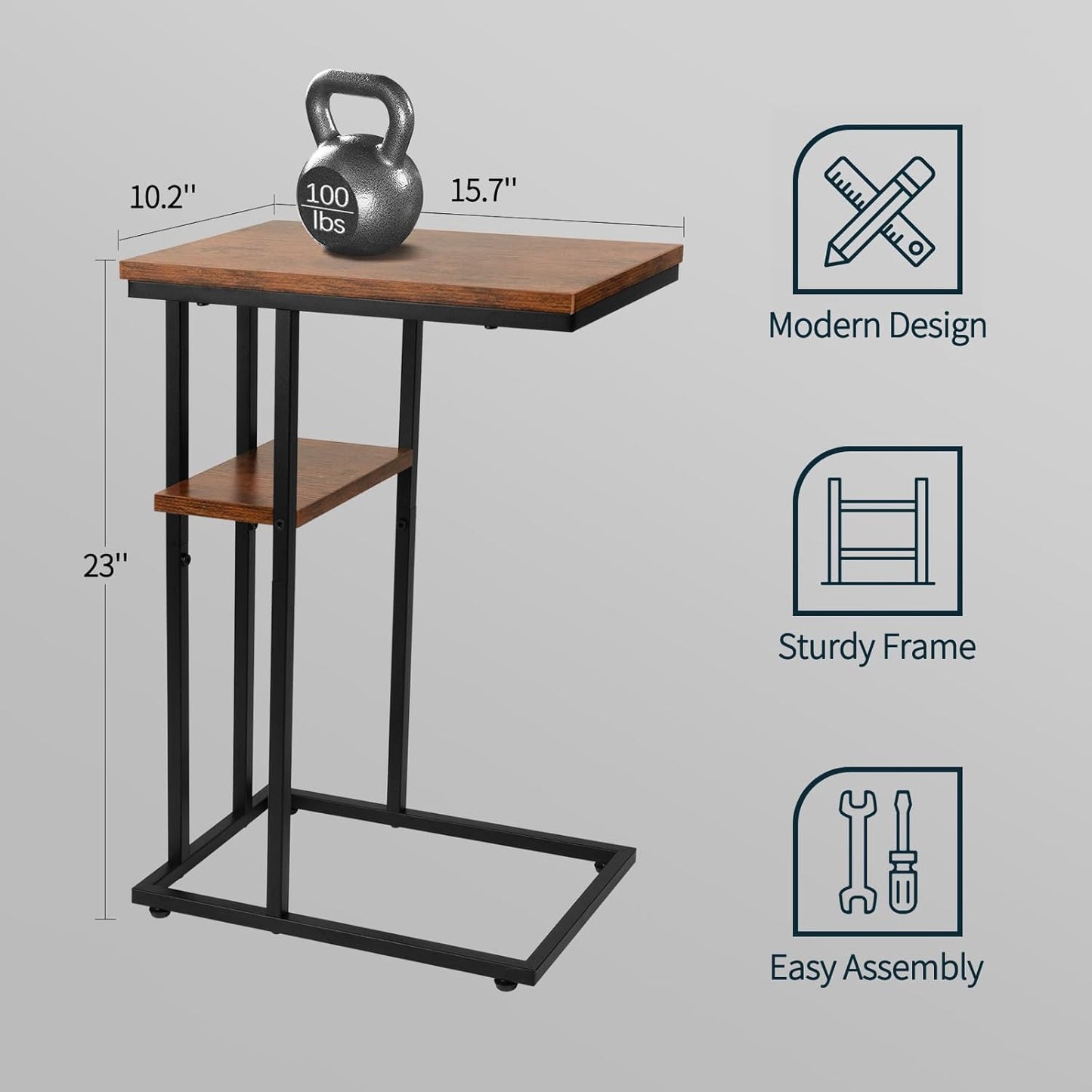 Yoobure C Table End Table Set of 2, Side Tables Living Room, C Shaped Side Table, Couch Tables That Slide Under Couch Table with Metal Frame, Rustic Snack Table for Bedroom/Small Spaces Large Desktop